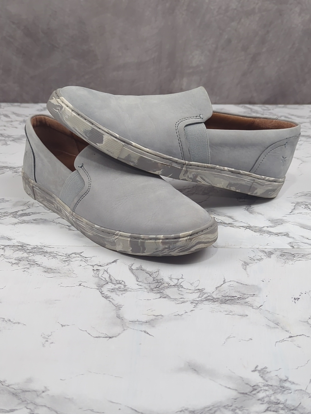 Frye Ivy Marbled Ice Grey Nubuck Leather Slip On Sneakers Women's 8